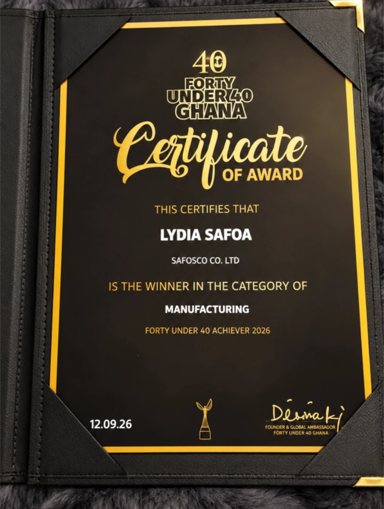 Certificate of Award naming Lydia Safoa of Safosco Co. Ltd winner in the Manufacturing category, Forty Under 40 Achiever 2026